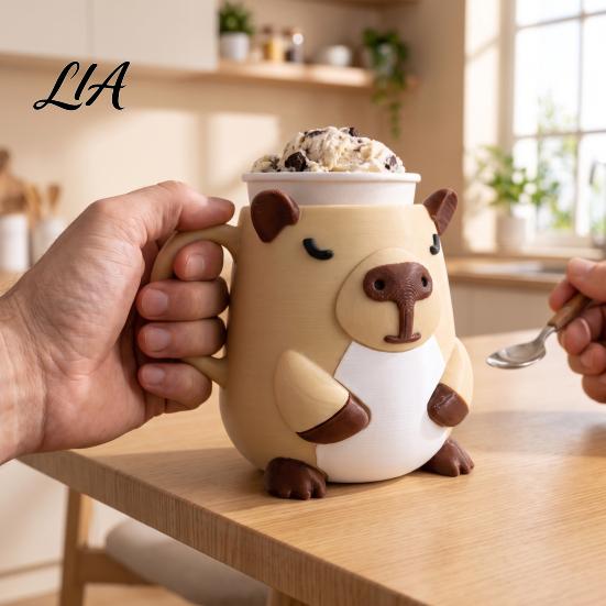Animal Shaped Cup Holder Ice Cream Pint Holder, 3D Printed Standard with Handle, Keeps Hands Warm, Leak-Proof Container Decorative