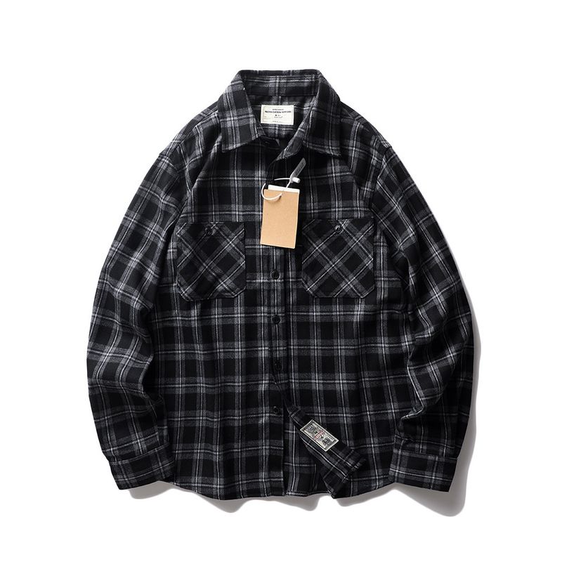 American Retro Red Brushed Plaid Shirt Men s Inner Wear Spring and Autumn Long Sleeve Export Cattle Goods Parka Shirt Coat Black and Gray Grid L