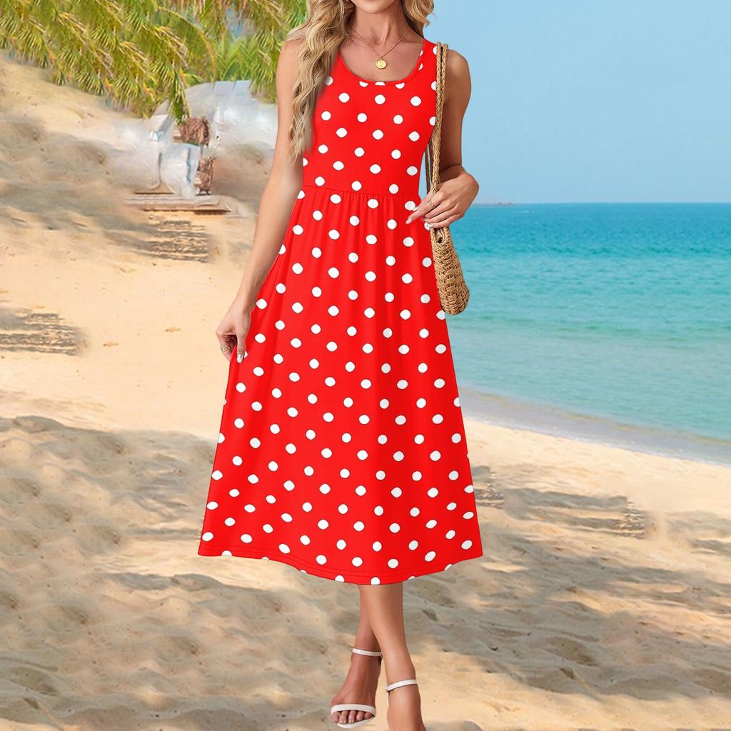 Women's Polka Dot Print Short Sleeve Midi Dress with Pockets for Beach Vacation and Casual Summer Wear