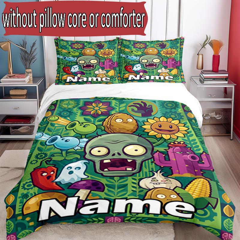 3pcs Duvet Cover Set (1*Duvet Cover + 2*Pillowcase, Without Core), Custom Name Plants VS Zombies Pattern Bedding Set, Home Bedroom Decor Gift