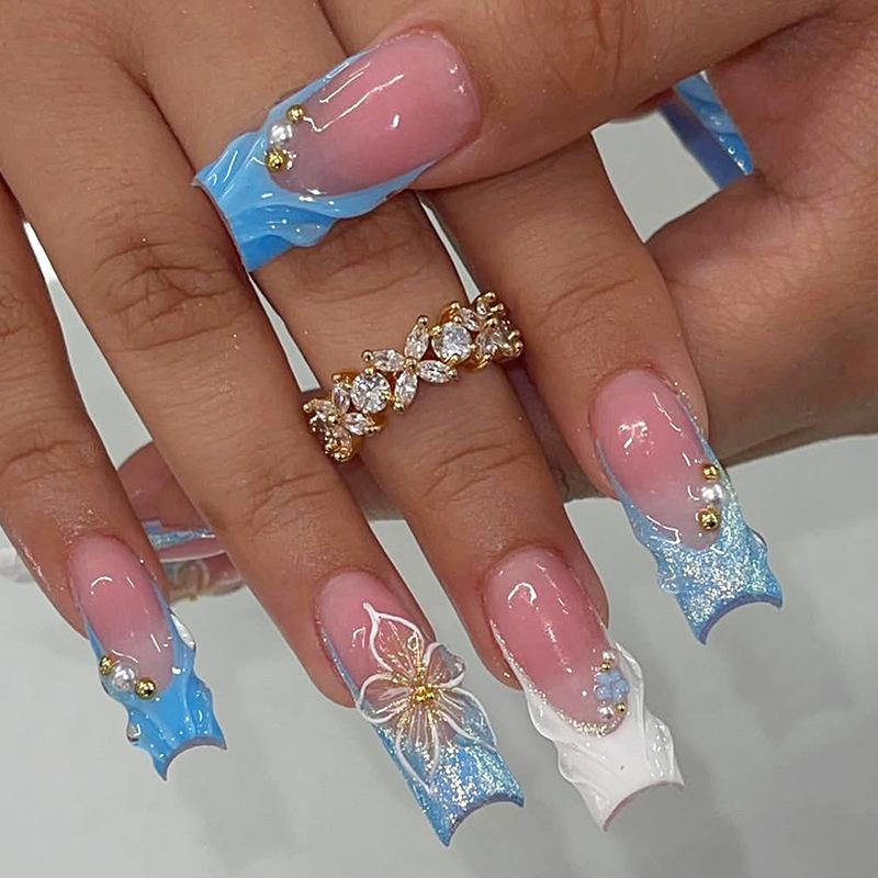 24 Stuks Lange Vierkante Press-On Nagels Frans Blauw Glitter Bloemen Design Plak Op Kunstnagels Voor Vrouwen Draagbare Manicure Tips