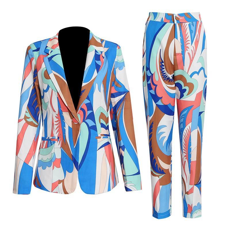 

Fashion Brand Fashionable Casual Suit Personalized Design Lapel Printed + High-waist Trousers XL синій