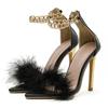 Černé Bílé Dámské Sandály Sexy Otevřená Špička Huňaté Kožešinové Letní Sandály na Vysokém Podpatku Dámské Svadobné Striptízové Topánky Lodičky Velikost 35 -42