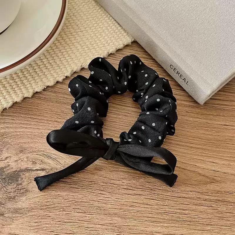 Versatile Black & White Polka Dot Bow Hair Tie – High Elastic Fabric Ponytail Holder for Women