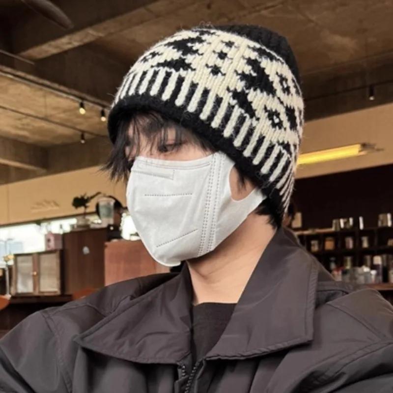 

New Retro Knitted Wool Fisherman Hat Korean Coldproof Warm Bucket Hats Autumn Winter Beanie with Ear Protection Windproof Cap чёрный