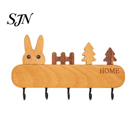 Wall Mounted Key Holder Wooden with 5 Hooks, Cartoon House Theme Organizer, Multi Adhesive Rack for Purpose Hanging Keys Pet Leashes And Hats