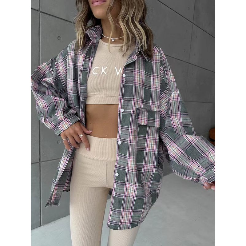 Fashion Style Retro Loose Lapel Versatile Cardigan Plaid Shirt Loose Cardigan Plaid Shirt
