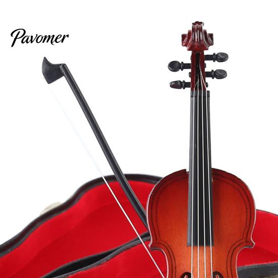 Miniature Violin Figurine Wooden Mini Model with Stand Playable Tiny Ornament Musical Instrument Home Office Desktop Decoration Polished Wood