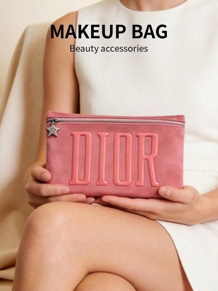 DIOR 1 Piece Pink Zipper Makeup Bag Embossed DIOR Letter Star Pendant Portable Cosmetic Pouch for Women Travel Daily Use
