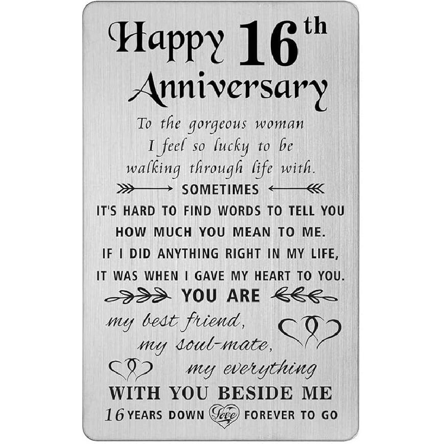 TANWIH 16th Anniversary Card for Wife - 16 Years Down Forever to Go - 16 Year Wedding Anniversary Card Gifts for Her Women, Engraved Metal Wallet