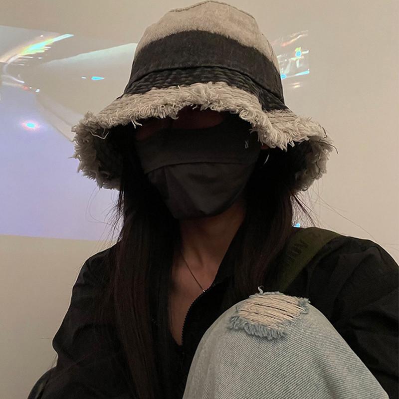 Custom Logo Foldable Tassel Bucket Hats Women Men Vintage Gradient Denim Flat Roof Fisherman Cap Outdoor Wide Brim Beach Sun Hat