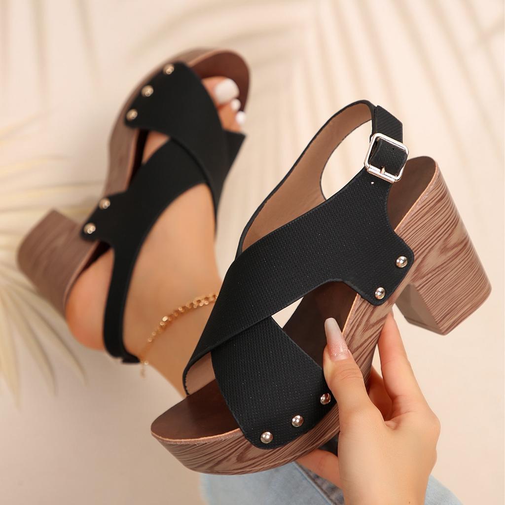 Women's Solid Color Stylish Sandals, Platform Crisscross Buckle Walking Chunky Heels, Studded Casual Daily Footwear