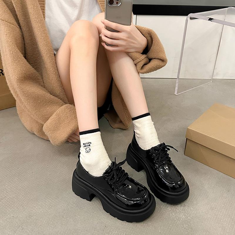 Black small leather shoes women's autumn and winter new thick-soled heightening retro lace-up single shoes