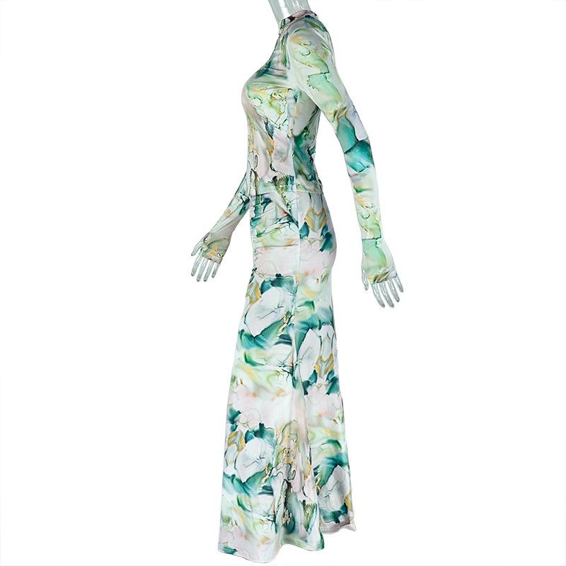 European Cross-Border Print Slim-Fit Skirt Suit: Mesh Long Skirt & High Neck Top - Trendy Casual Commuter Women's Two-Piece