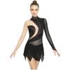 Damen Funkelndes Strass-Trikotkleid Durchsichtiges Netz Langarm Rollkragen Farbblockierung Asymmetrischer Saum für Eiskunstlauf Lateinische Performance