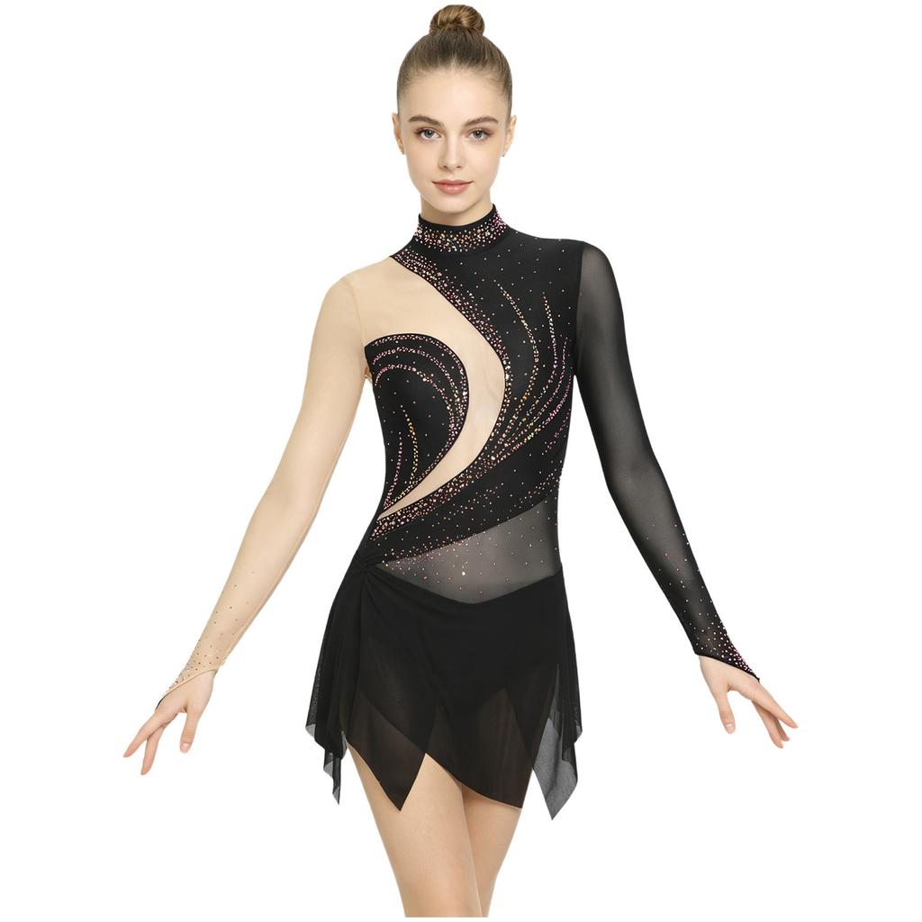 Damen Funkelndes Strass-Trikotkleid Durchsichtiges Netz Langarm Rollkragen Farbblockierung Asymmetrischer Saum für Eiskunstlauf Lateinische Performance