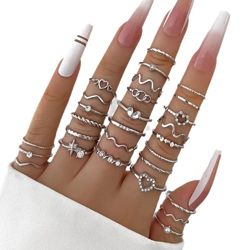 28Pcs Set Trendy Simple Gold Color Geometric Inlay Zircons Hollowed-out Heart Shape Wave Joint Rings for Women Designer Jewelry