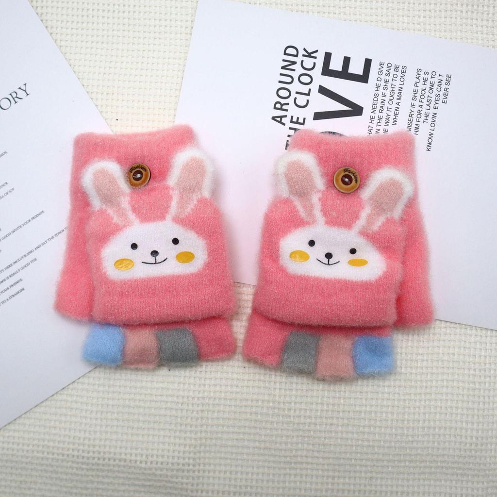 Dicke Winter-Halbfinger-Klapphandschuhe für Kinder mit Kaninchen-Cartoon-Design zum Schreiben und Spielen