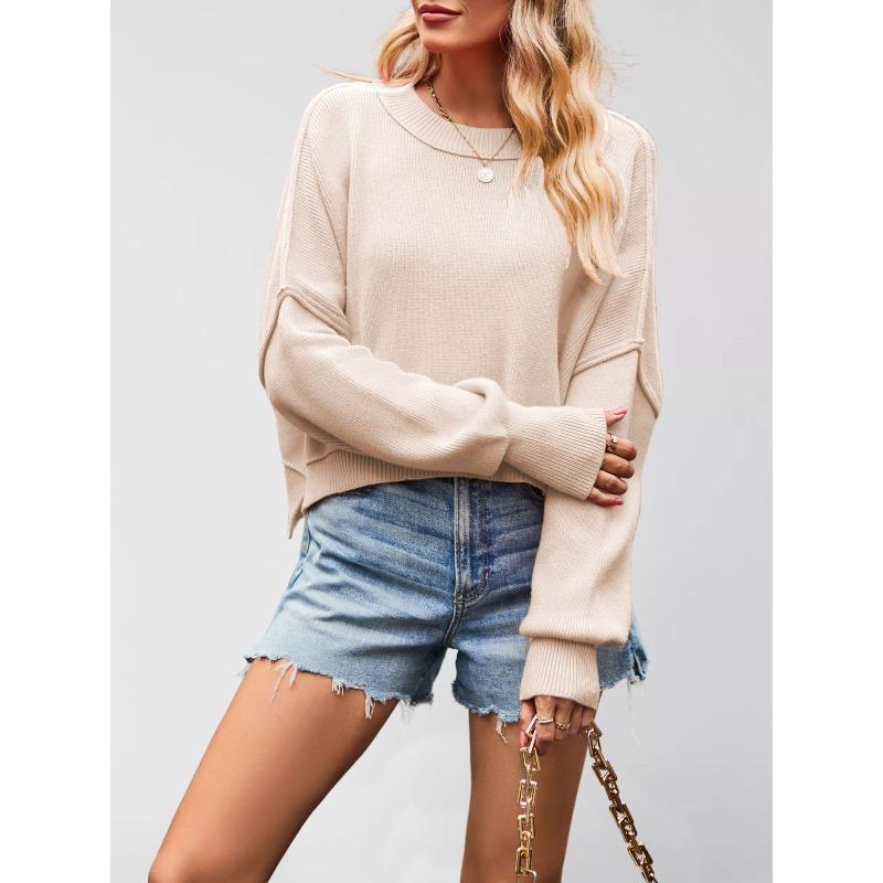 European and American New Women's Fashion Round Neck Knitted Sweater Solid Color Loose Pullover Sweater