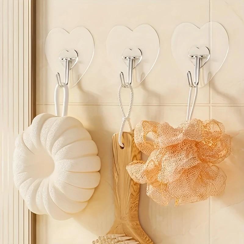 10pcs Heart Shaped Transparent Hooks Multi-Purpose Wall Hook Strong Suction Cup Sucker Wall Hooks Hanger for Kitchen Bathroom, Utility Hooks