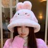 Autumn and Winter Cute Sweet Hat Women's Plush Earphones Rabbit Basin Hat Big Head Circumference Show Face Small Bucket Hat Thickened Warm Hat