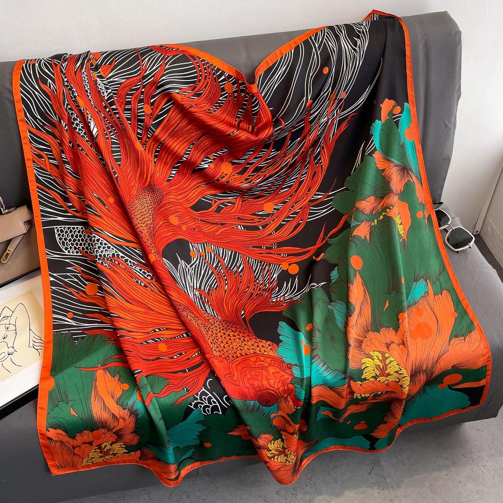 New 110Cm Large Scarf Satin Printed Silk Scarf Lijin Forged Imitation Silk Women'S Headscarf
