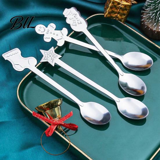 Elegant Table Decor for Parties 4Pcs Christmas Dessert Spoons, Stainless Steel Coffee Spoons with Gingerbread Star Shaped Stirring Man Stocking