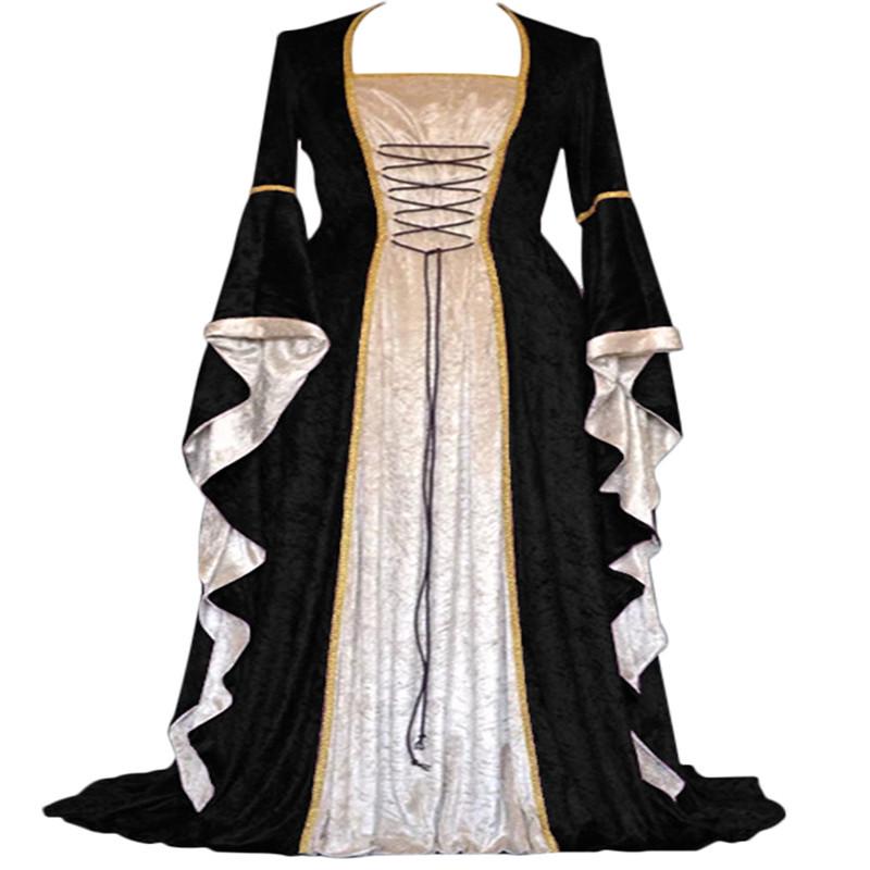 Vintage Gold Velvet Lace-Up Flared Sleeve Medieval Floor-Length Dress for Women