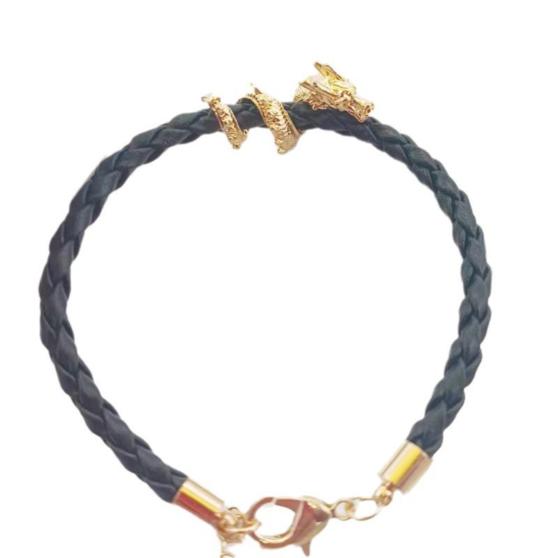 Flying Dragon Handwoven Leather Bracelet: Year of the Dragon Good Luck Charm with Coiled Dragon and Koi Design