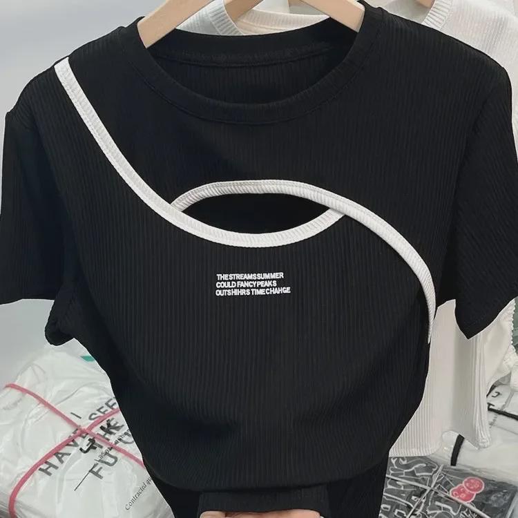 

Модная футболка в гонконгском стиле с коротким рукавом и вырезом для милых девочек M (80-100 jin) чёрный