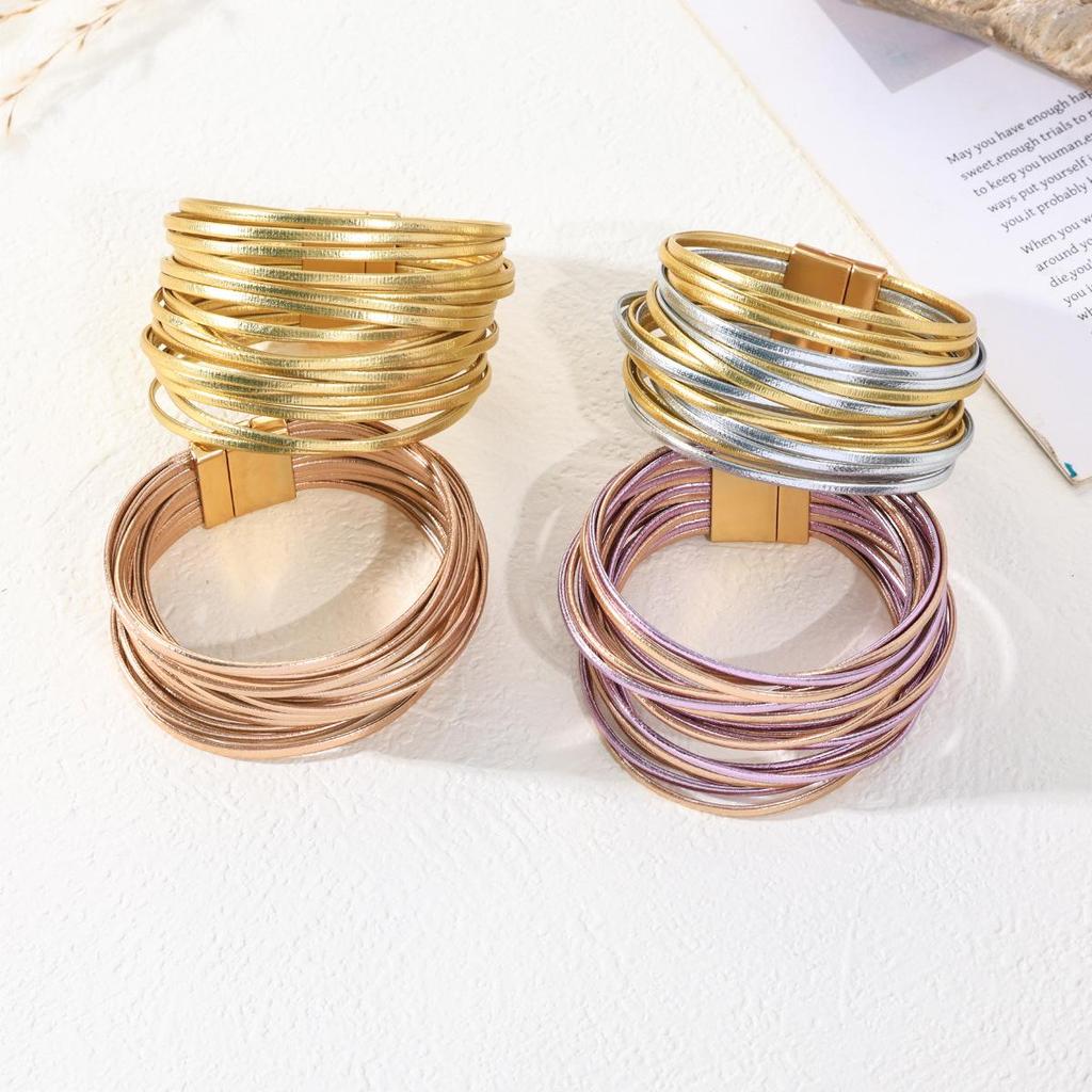 Bracciale da Donna Impilabile Multi-Strato in Ecopelle PU - Design Versatile, Antistatico