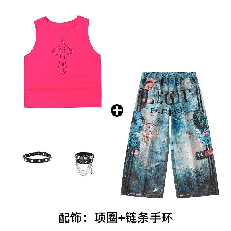 Kids Hip Hop Dance Outfit Set Boys Girls - Sleeveless Pink Top Navy Blue Pants With Accessories