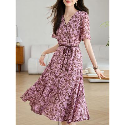 Chiffon Summer Dress for Women's Summer New Style Waist-hugging Slimming Floral Short-sleeved Skirt
