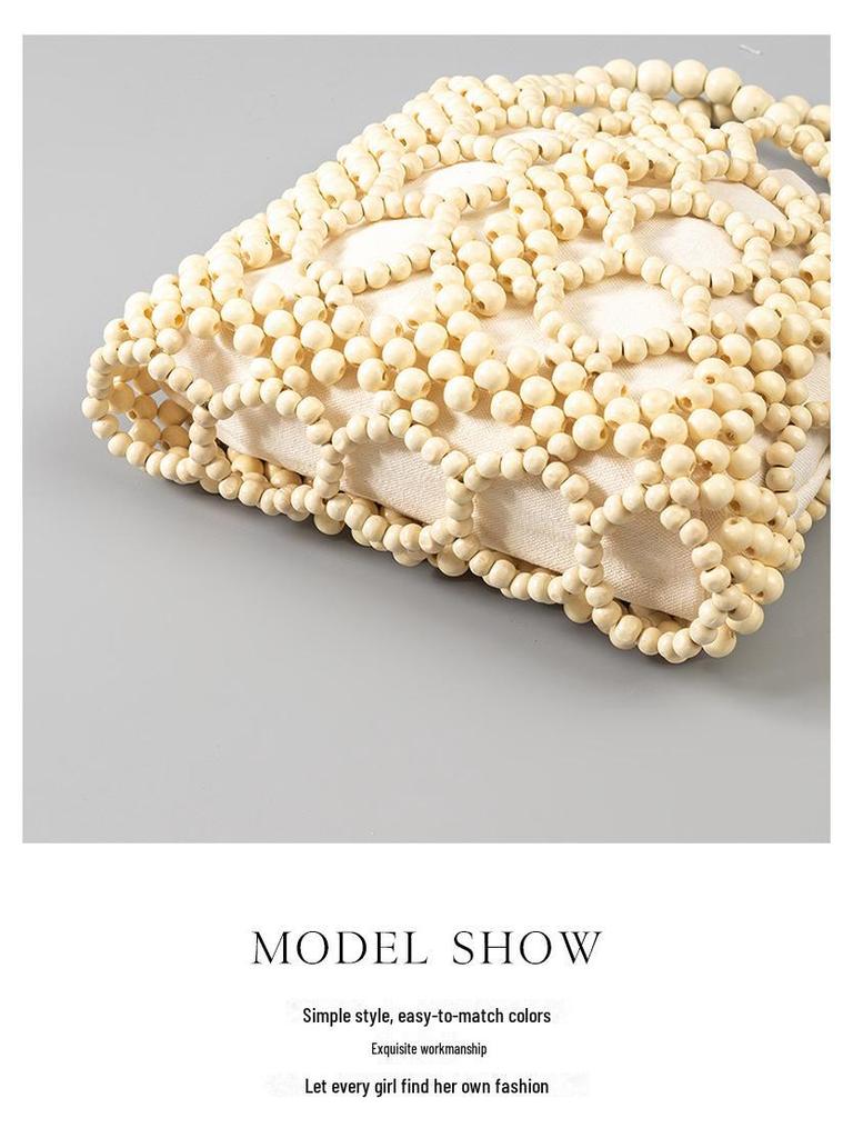 ENSPT Damen Sommer Cross-Border Holzperlen Handtasche, Nischendesign, Vielseitig für den Arbeitsweg, Handgewebt