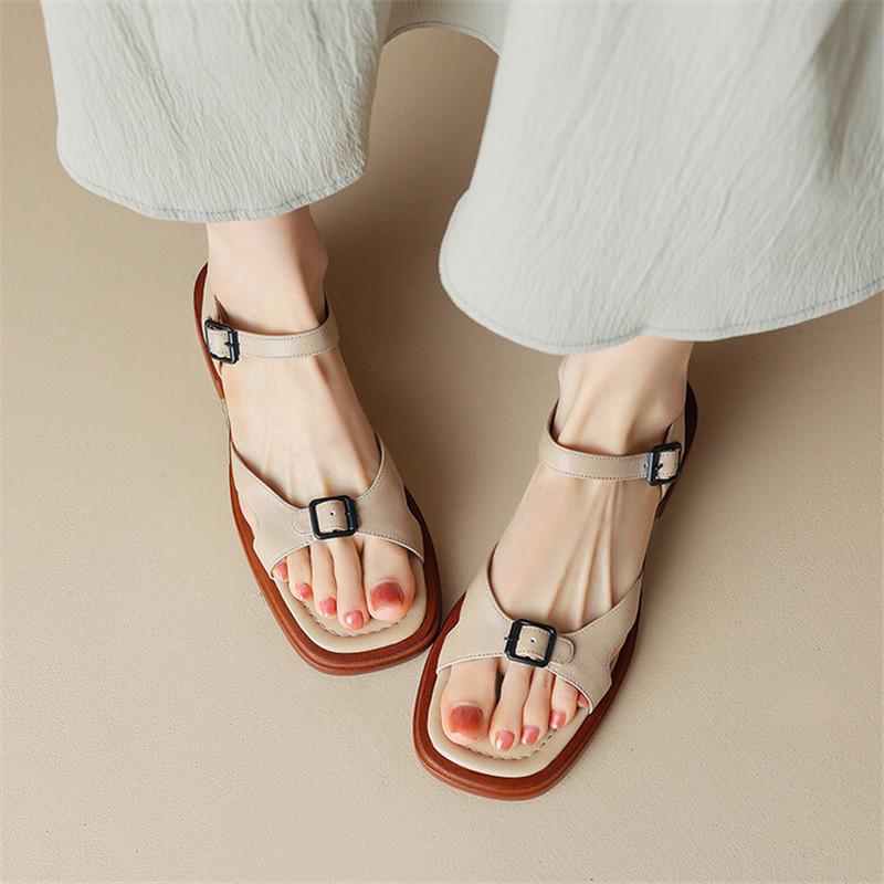 Fashion 2025 NEW Summer Women Sandals Genuine Leather Chunky Heel Shoes Square Toe Low Heel Shoes for Women Cow Leather Shoes Handmade