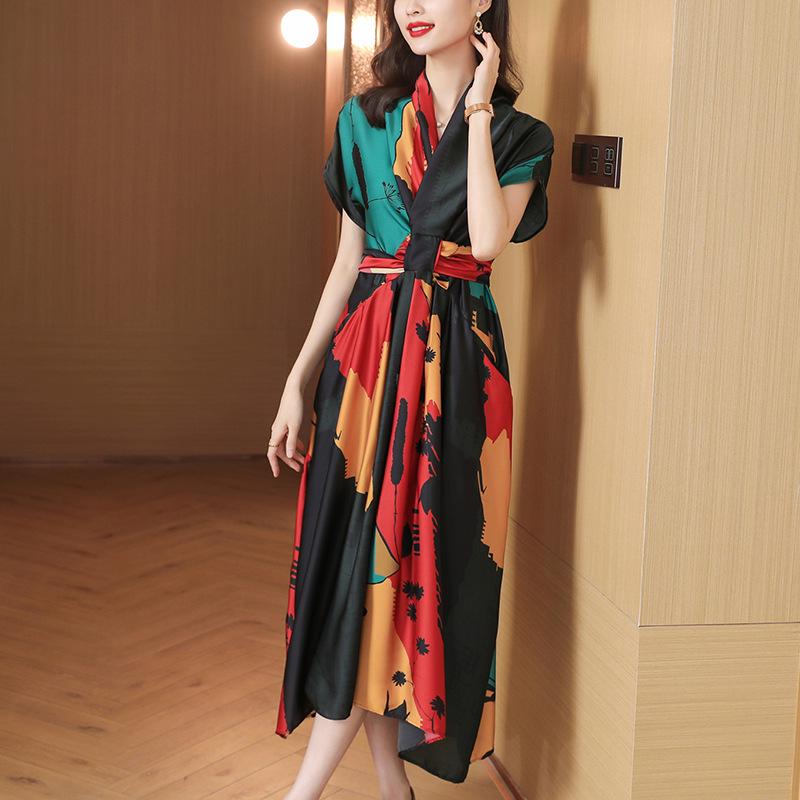 

Elegant Summer French Dress: Short Sleeve Print Swing Skirt L