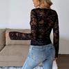Autumn Winter Deep V-neck Lace Perspective T-shirt Women Nightclub Fashion Black Slim Elegant Pullover Tee Top
