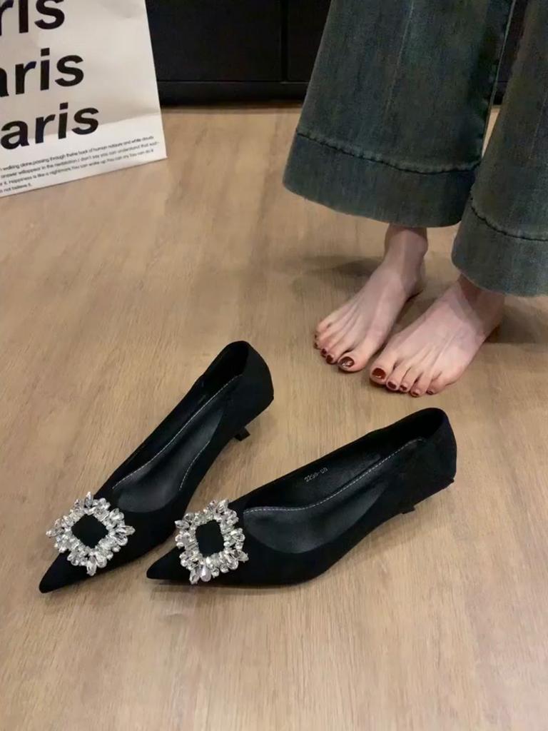 Temperament rhinestone square buckle high heels women's new high-end bridesmaid shoes pointed thin heels small heels single shoes