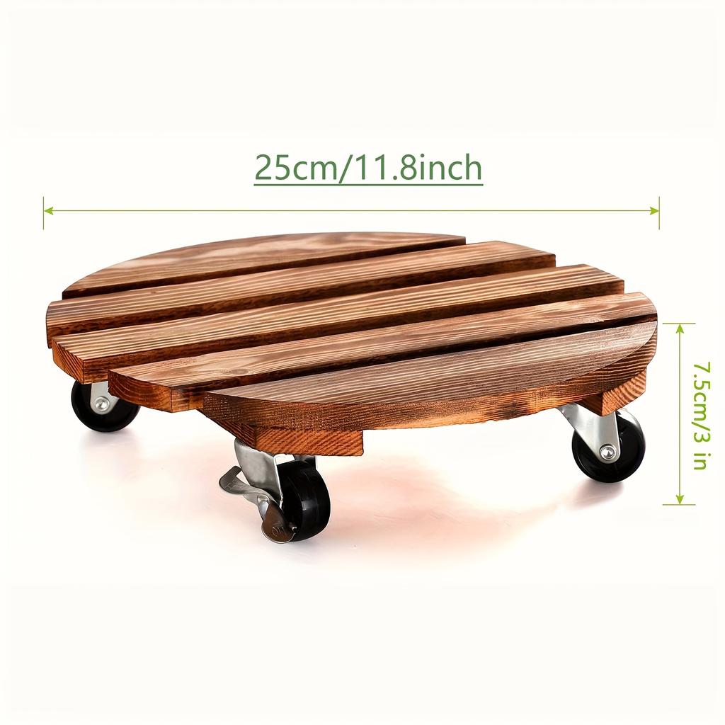 Solid Pine Wood Plant Caddy with 2 Lockable 360° Wheels - Circular Rolling Plant Stand for Indoor/Outdoor Use, Patio, Flower Pot