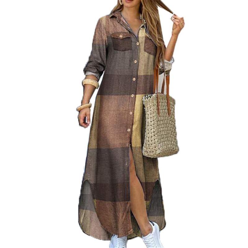 Women's European and American Spring and Autumn Single Breasted Shirt Long Skirt Loose Collar Dress