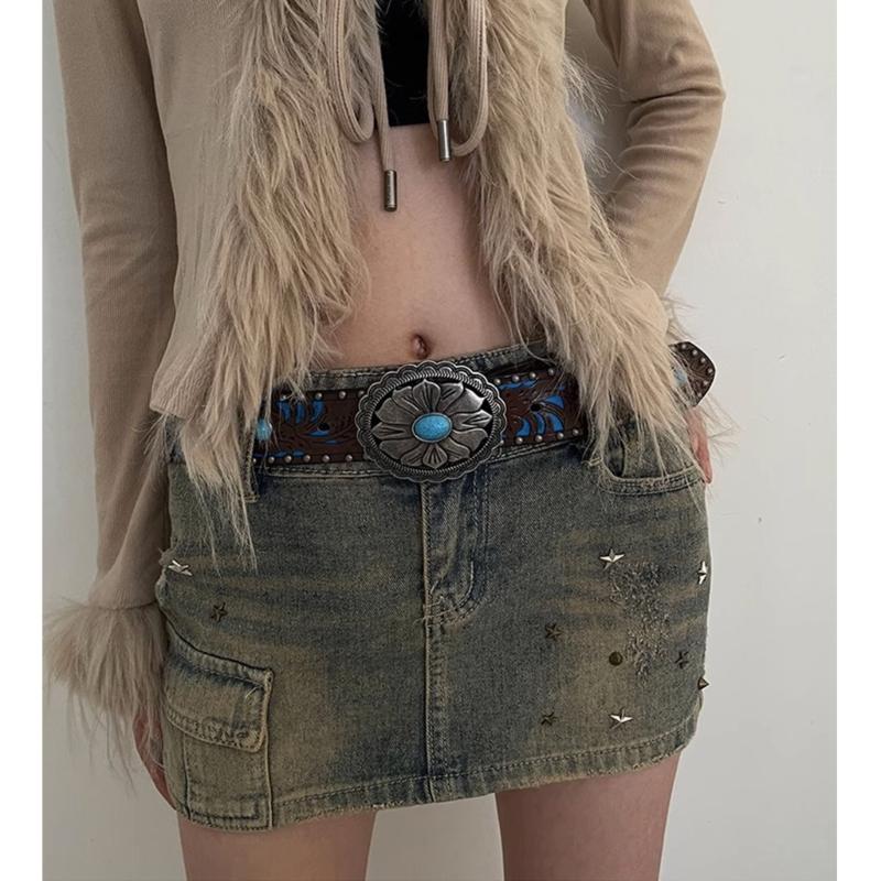 Vintage Bohemia Belt for Women Turquoise Embossed Buckle Decorative Belt Cowboy Belt for Female Cowgirl Jeans Waist Belt