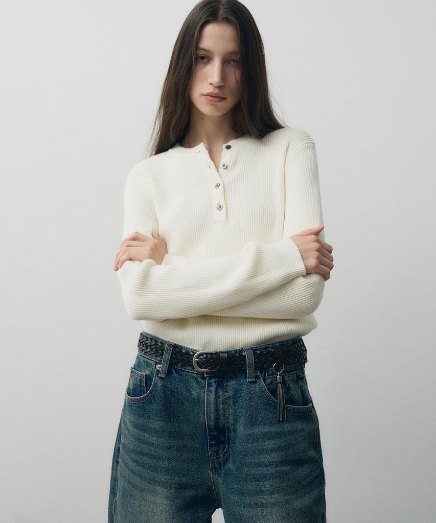 NOIRER PER DONNA Maglia a coste con scollo Henley in cotone (Avorio)