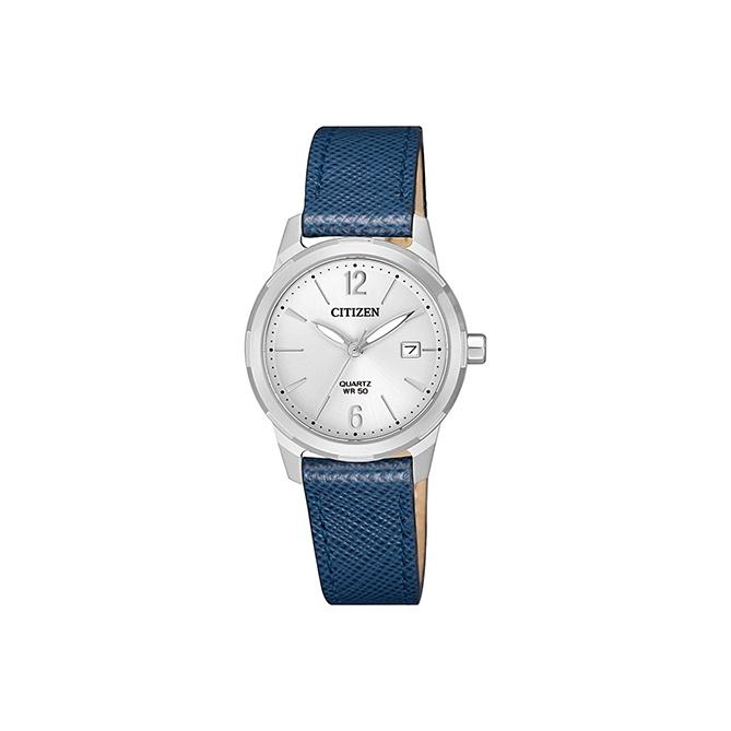 Citizen 50M Waterproof Quartz Movement Leather Strap Watch Women watches White EU6070-19A Blue Strap