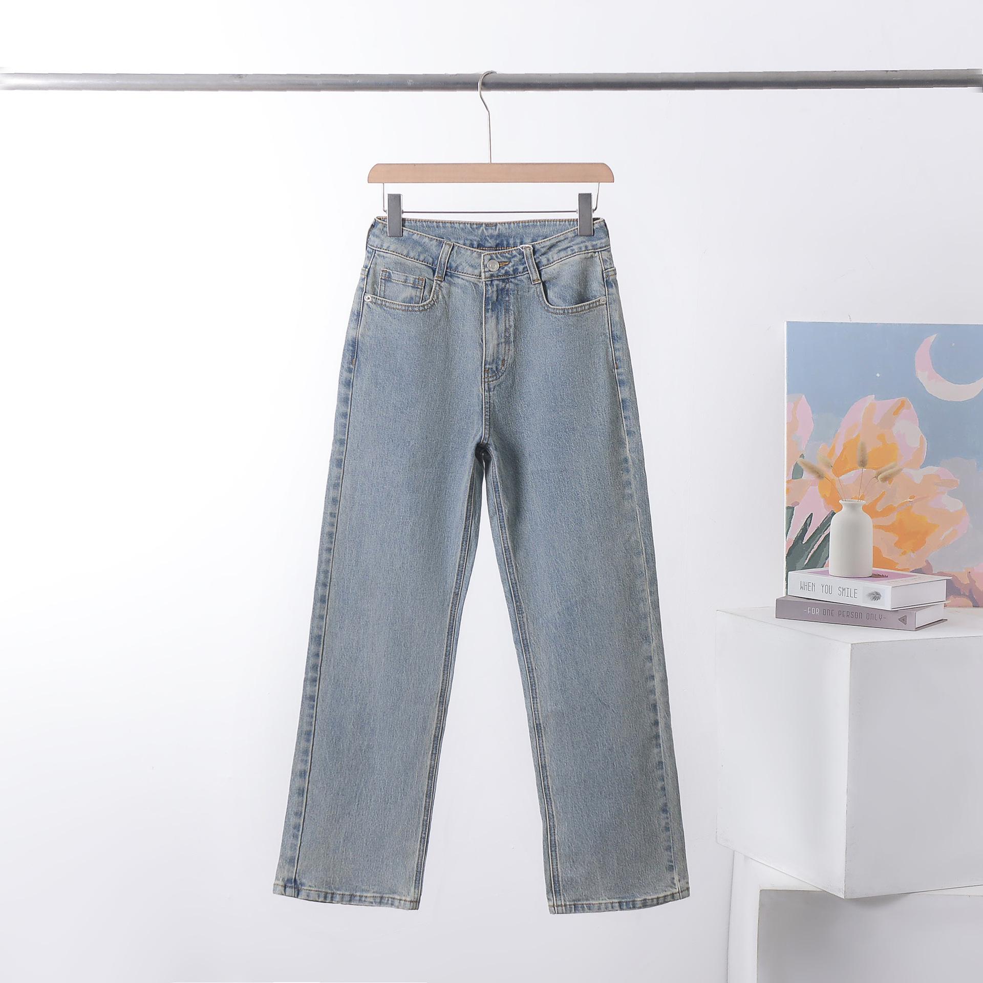 Retro Light Blue High-Waisted Distressed Straight-Leg Denim Jeans for Women 30