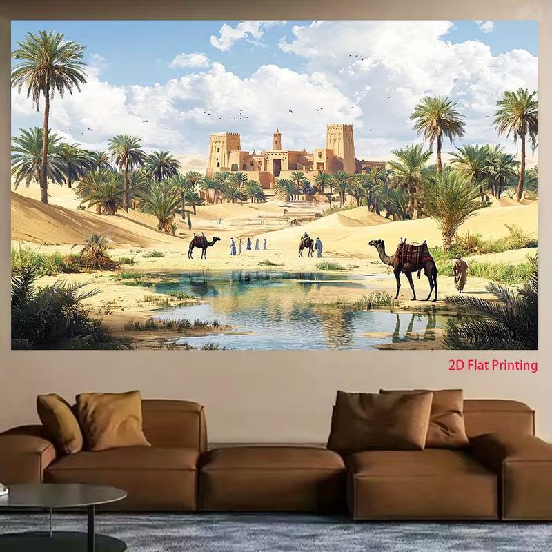 Moroccan Desert 2D Backdrop, Ancient Castle Oasis Camel Photography Background