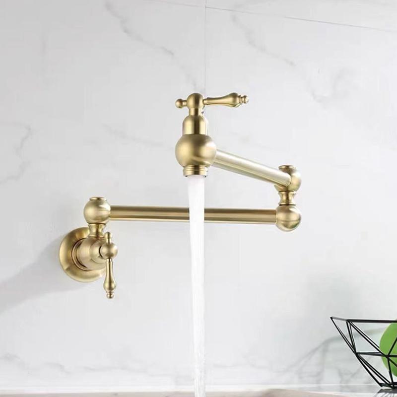 Brushed Gold Kitchen Foldable Faucet Wall Mounted Bathroom Basin Faucet Cold Water Tap Rotate Folding Spout Vanity Sink Crane