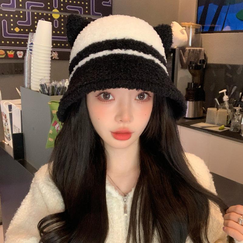 Korean New Autumn and Winter Hat for Women Cute Little Bear Two color Splicing Fisherman Hat In Winter Warmth To Show The Face Small Basin Hat Thick