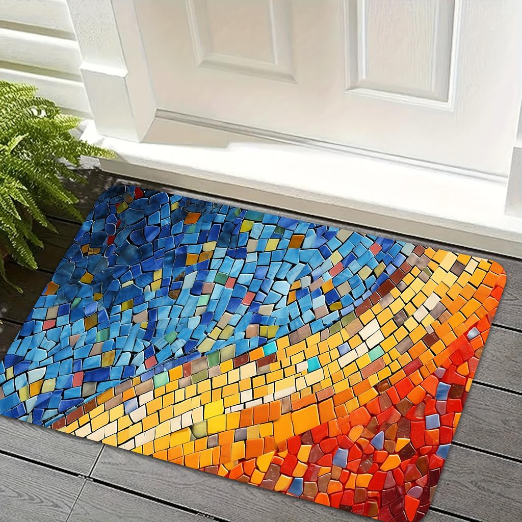 Colorful Mosaic Pattern Welcome Doormat, Non Slip Floor Mat for Kitchen Corridor and Bedroom, Washable High Traffic Home Decor