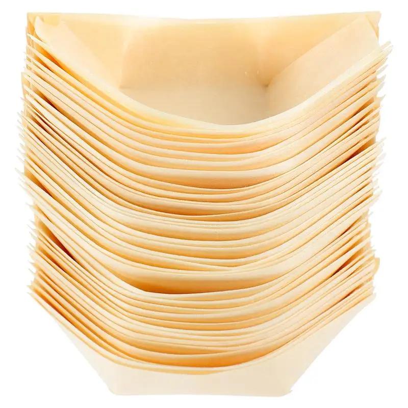 50pcs Sushi Shushi Wood Boat Natural Bamboo Disposable Kayak Sushi Plate Tray Salad Fruit Dessert Pine Cake Boat Snack Bowl Mat