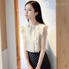 J-Scott JS72-WH-M Chiffon Frill Blouse with Button Front, Slit Neck, Frill Sleeves, and Sleeveless Design, Cool White